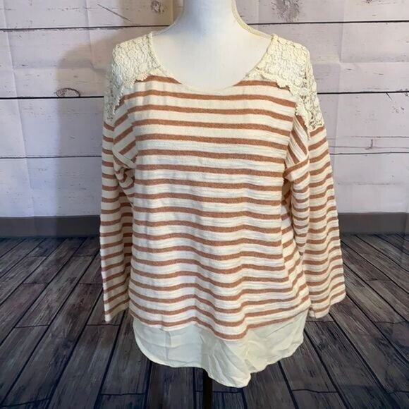 Doe Rae Shirt Womens Large Ivory Orange Striped Lace Boho Boxy Rayon Textured - Picture 1 of 12